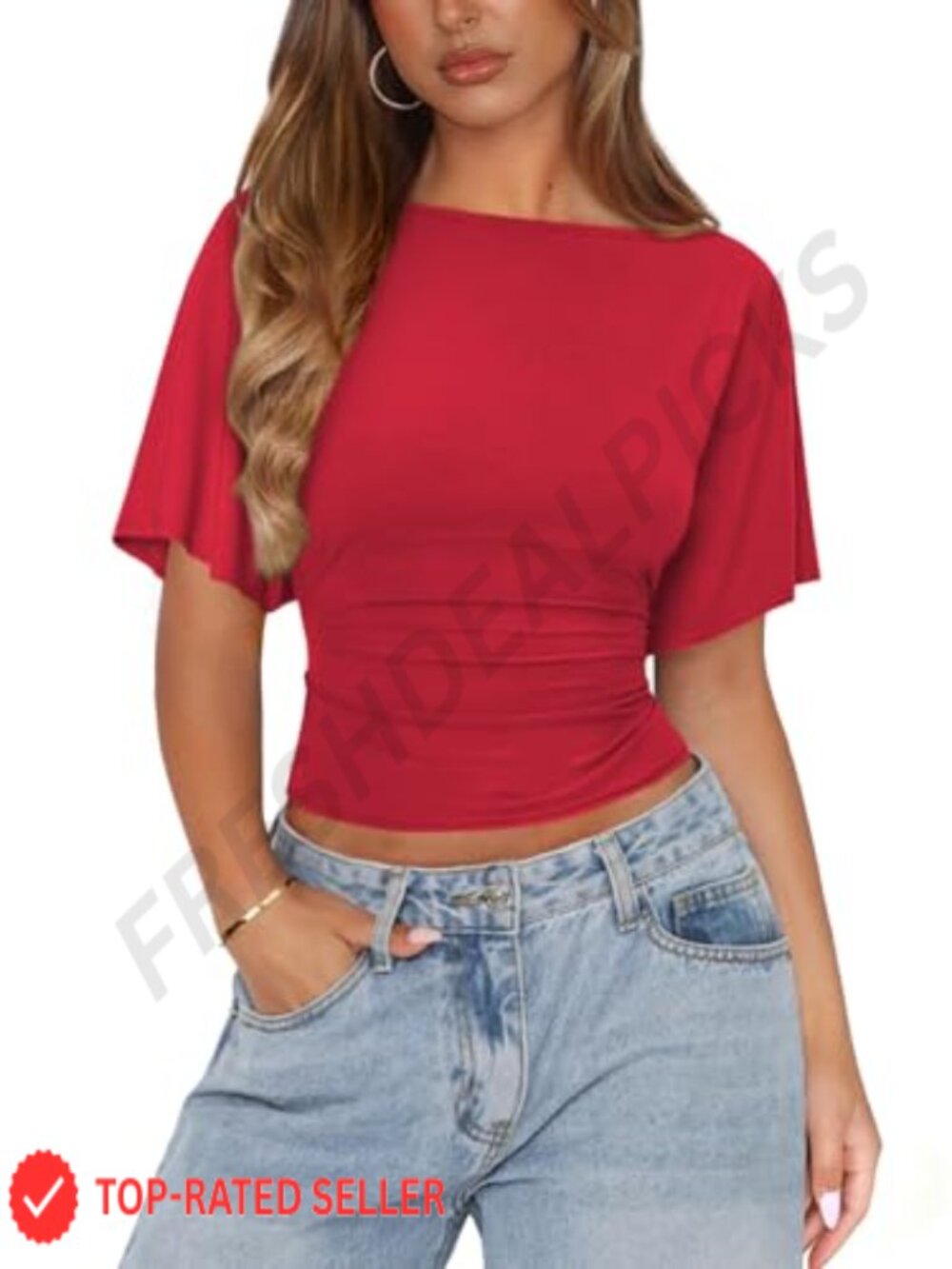 Women's Cinched Waist Wrap Top Tie Back Boat Neck Batwing Sleeve Blouse